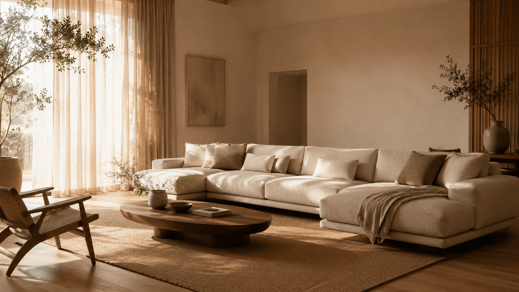 Warm living room with custom sofa, chair and wooden furniture in natural daylight