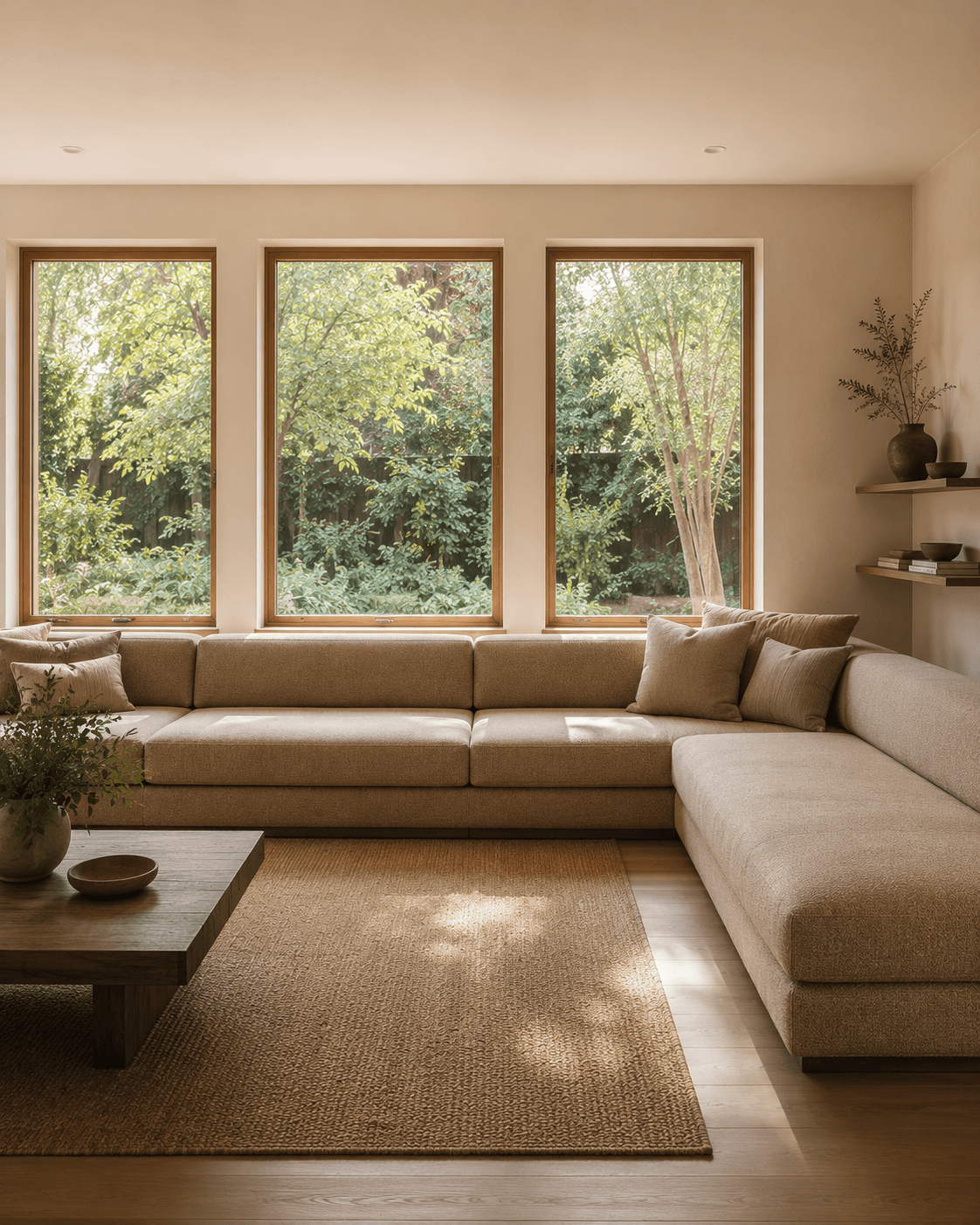Low-back L-shaped sectional sofa beneath living room windows