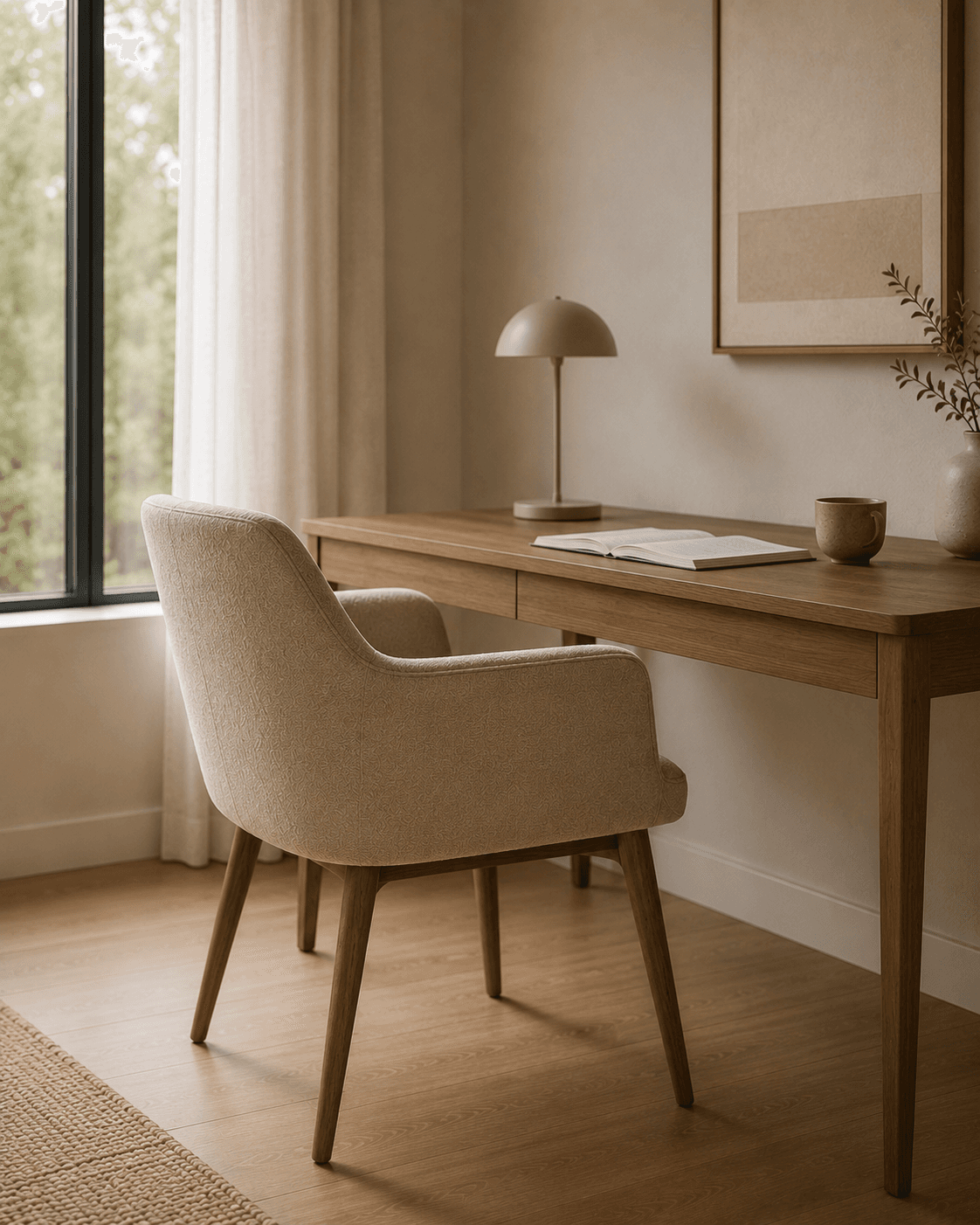 Compact upholstered desk chair at a wooden writing desk