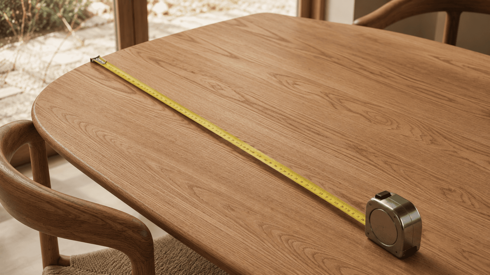 Measuring tape across a wooden dining table top