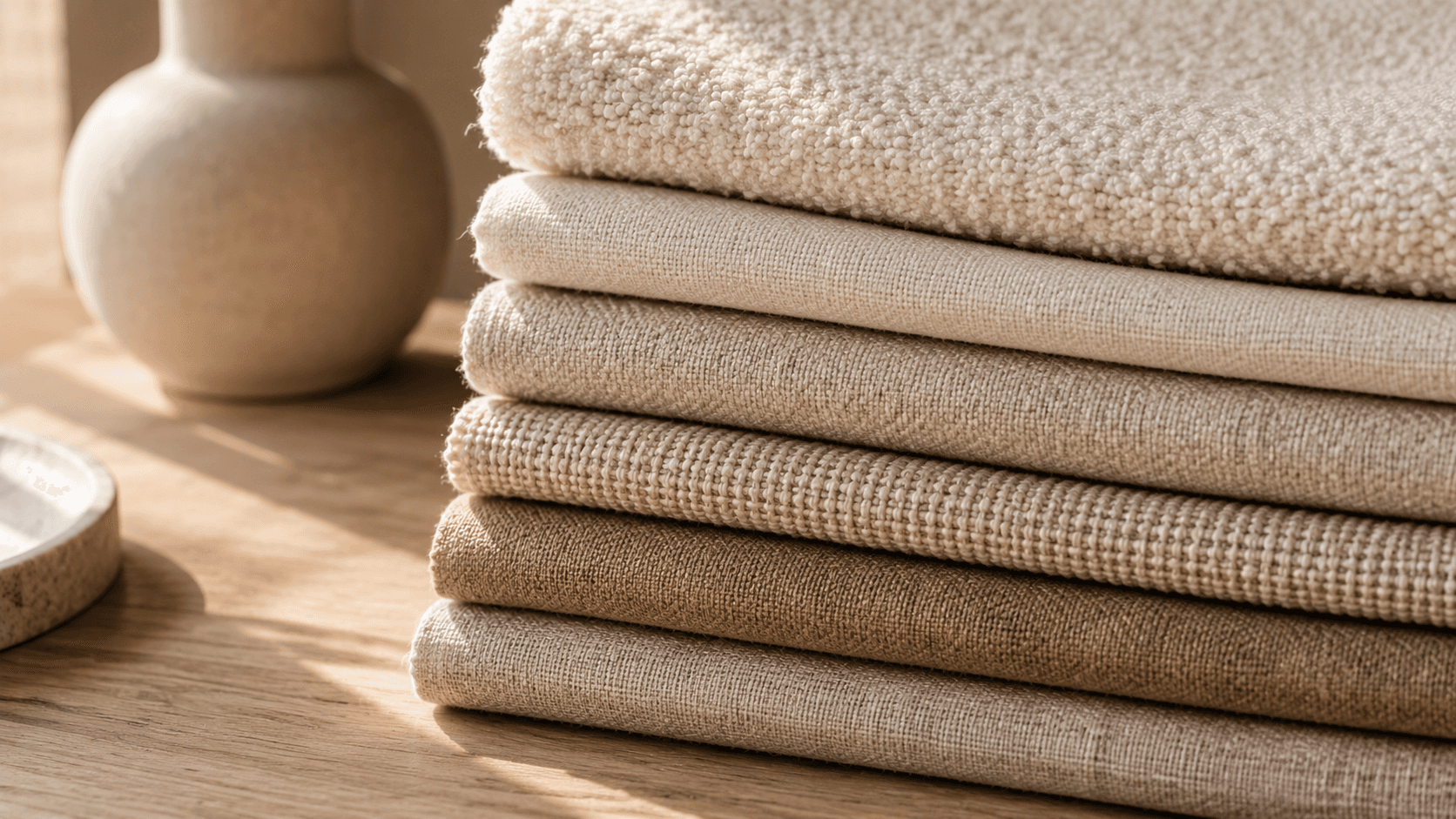 Stack of upholstery fabric samples in warm neutral tones