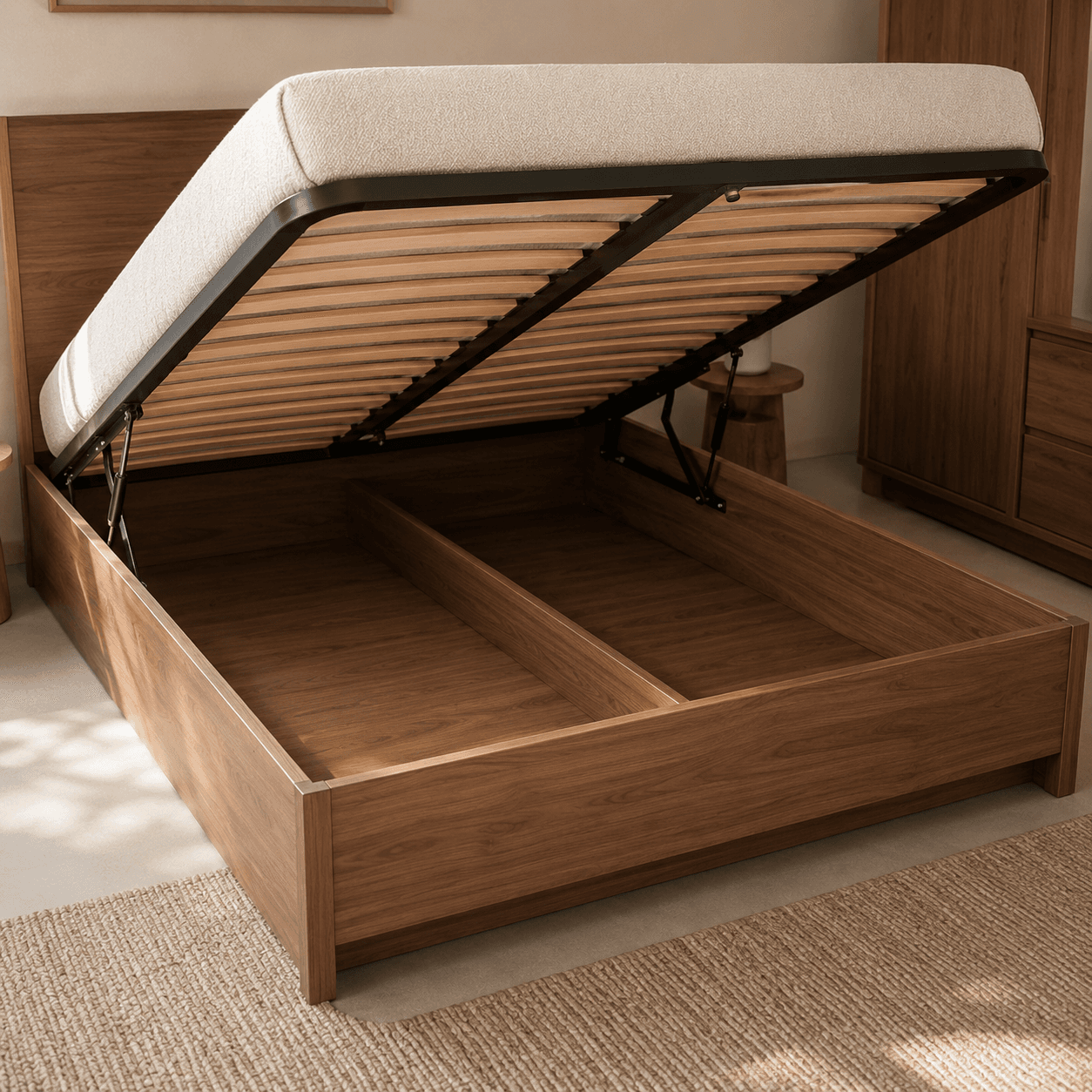 Hydraulic base of the storage bed lifted open