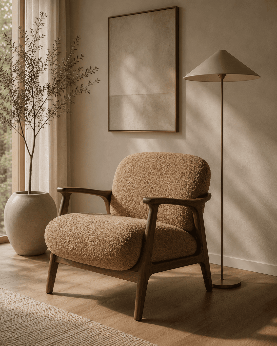 Sculptural upholstered accent chair beside a floor lamp
