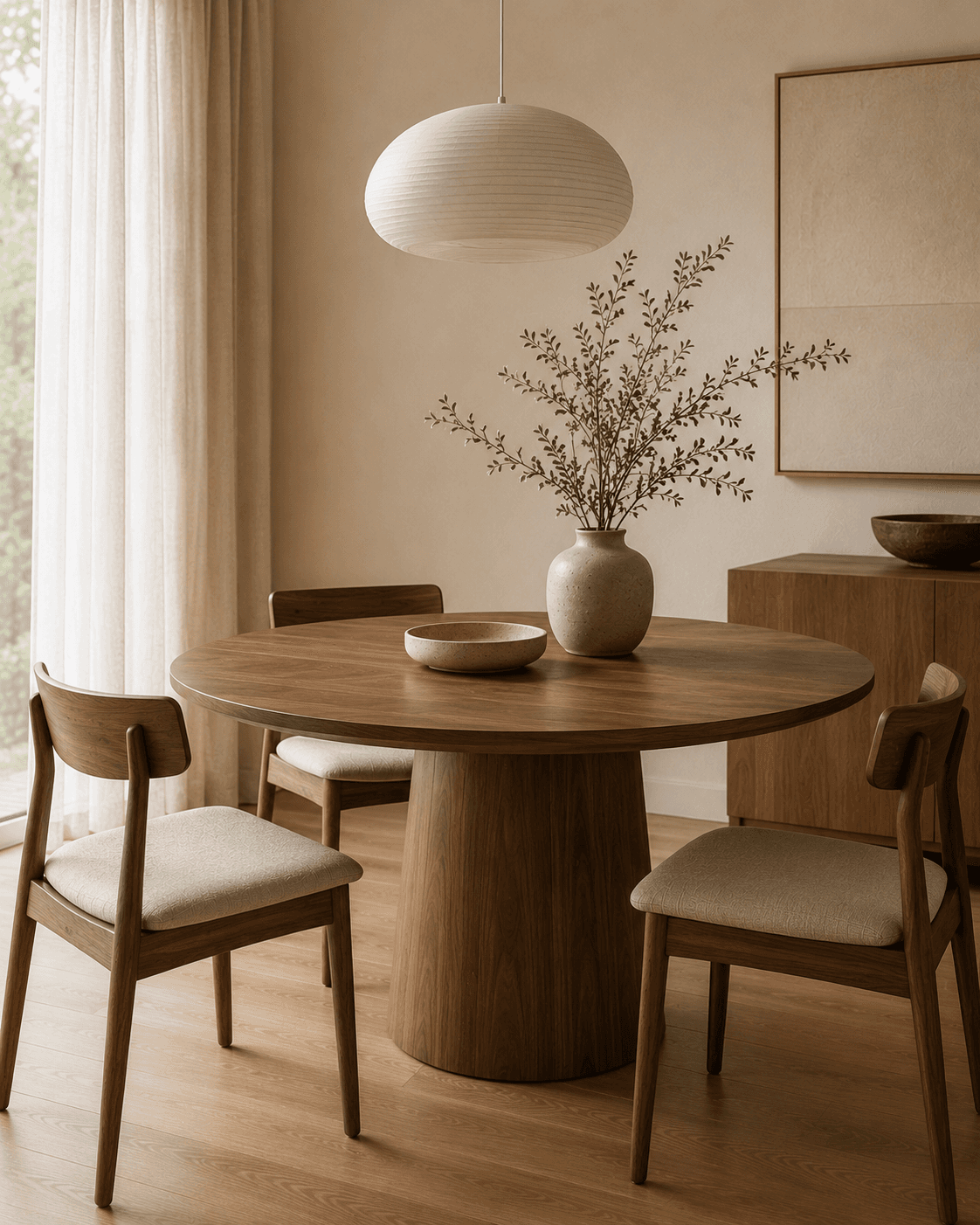 Round wooden dining table with pedestal base