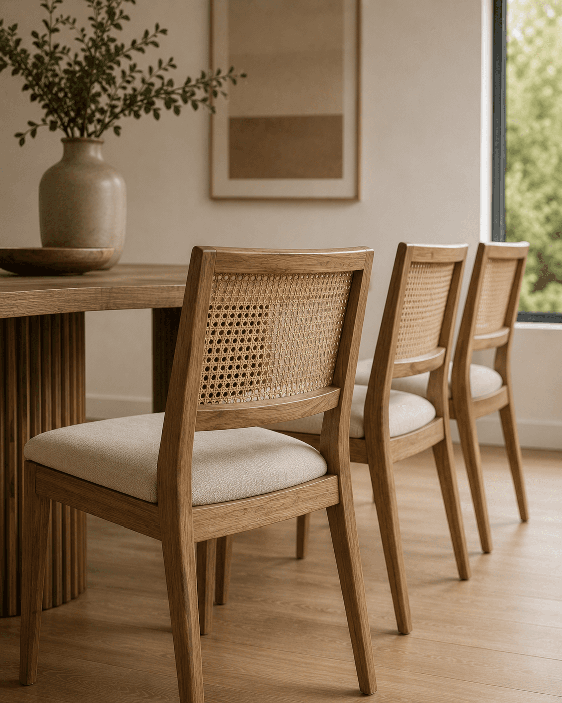 Set of wooden dining chairs with woven cane backs