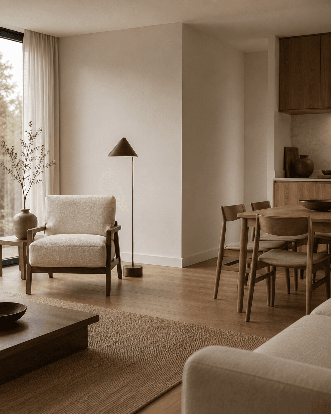Handcrafted accent chair with turned wooden legs beside a window
