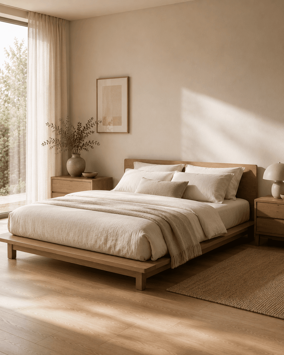 Low solid wood platform bed in a minimal bedroom