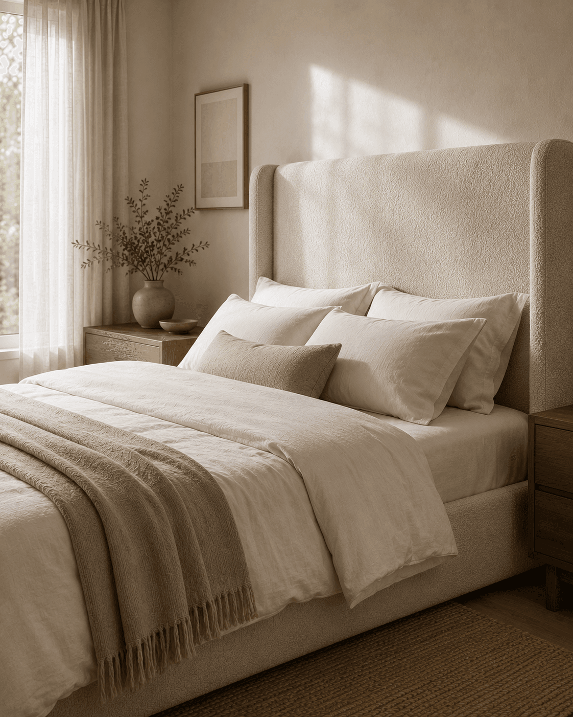 Upholstered bed with tall padded headboard in soft beige