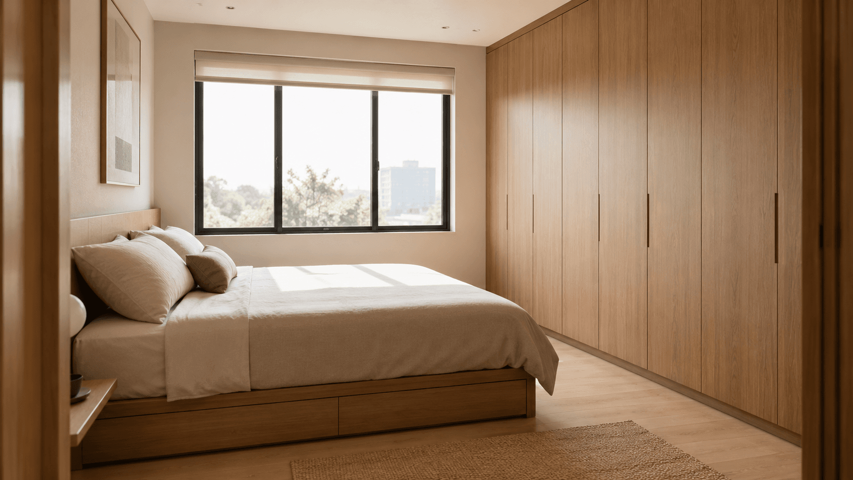 Compact bedroom with storage bed and flush wardrobe wall
