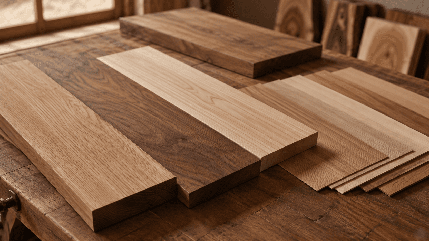 Solid wood boards and veneer samples side by side in a workshop