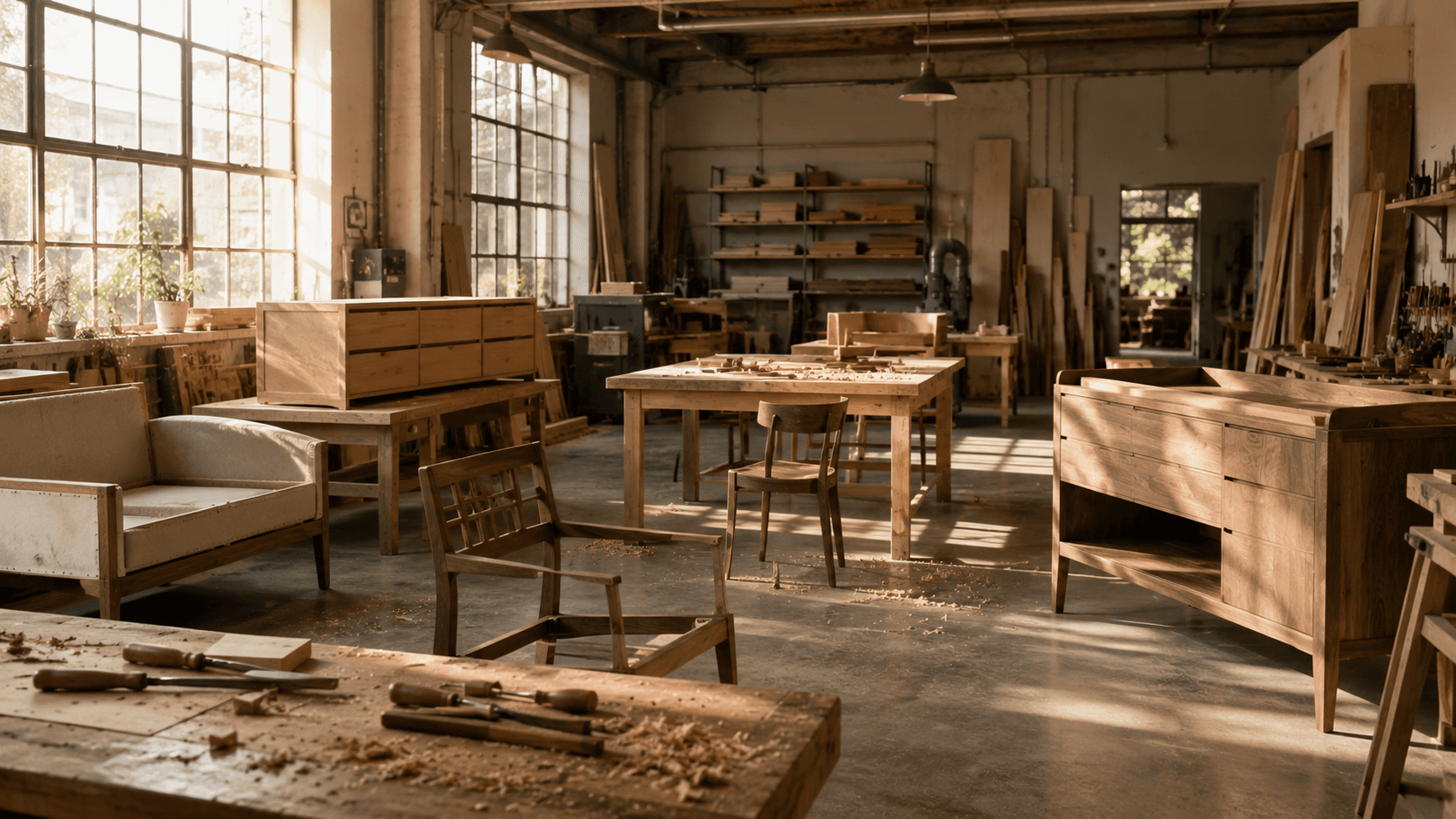 The All About Furniture workshop with pieces in progress