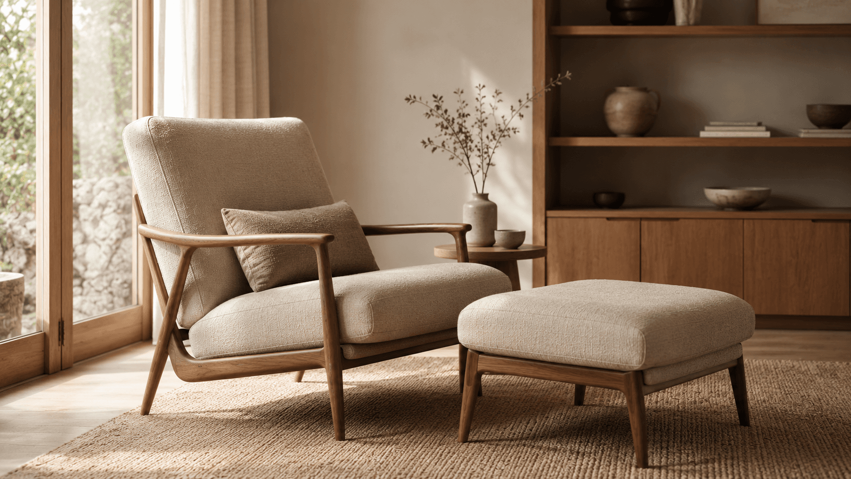 Wide upholstered reading chair with matching ottoman