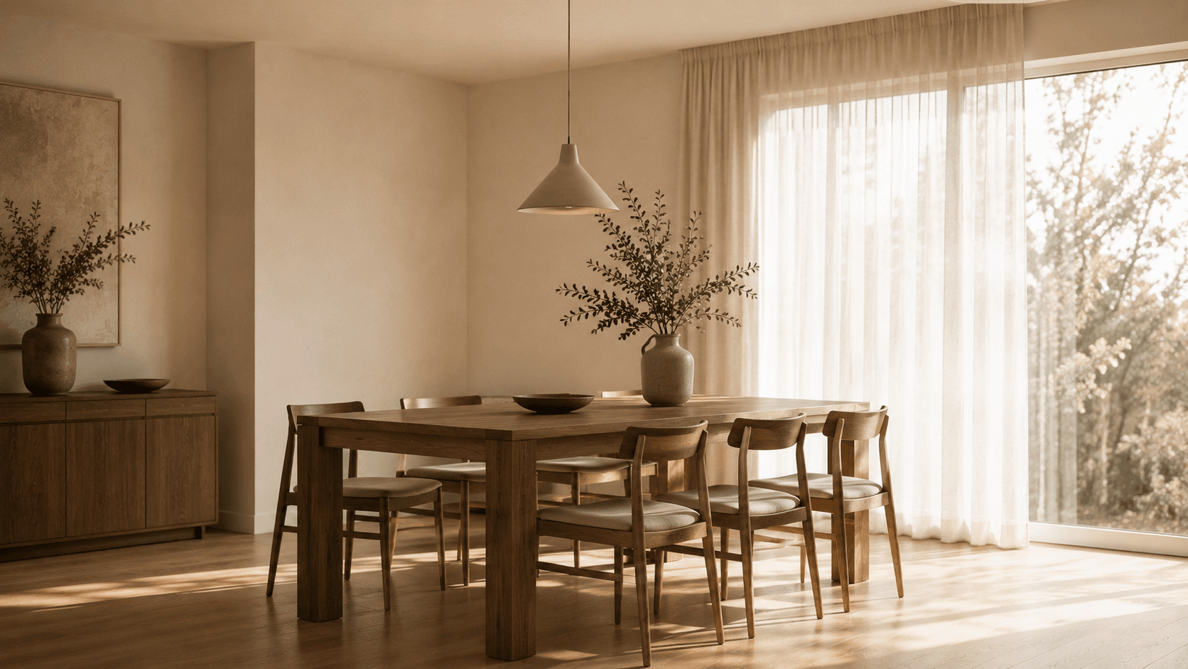 Solid wood dining table set for six in a warm neutral dining room